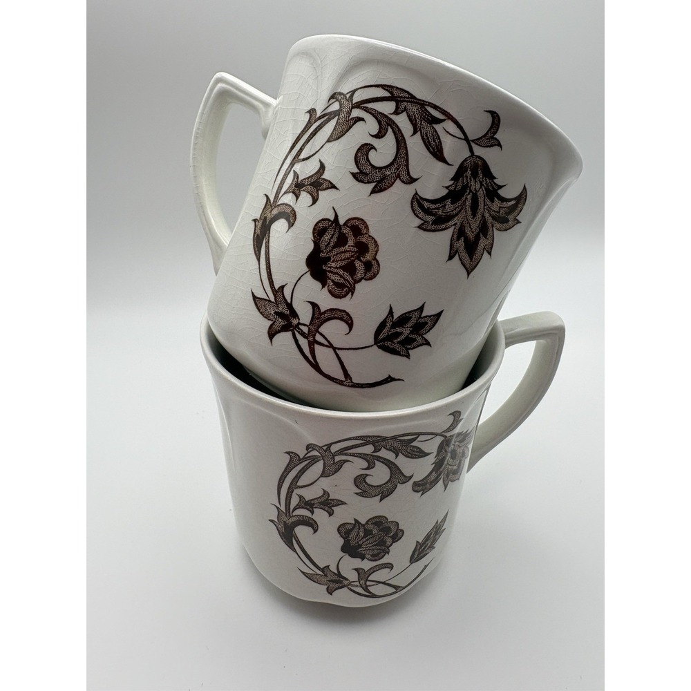 Vintage J&G Meakin England Brown Floral Ironstone Mugs Cups Set of 2 Replacement